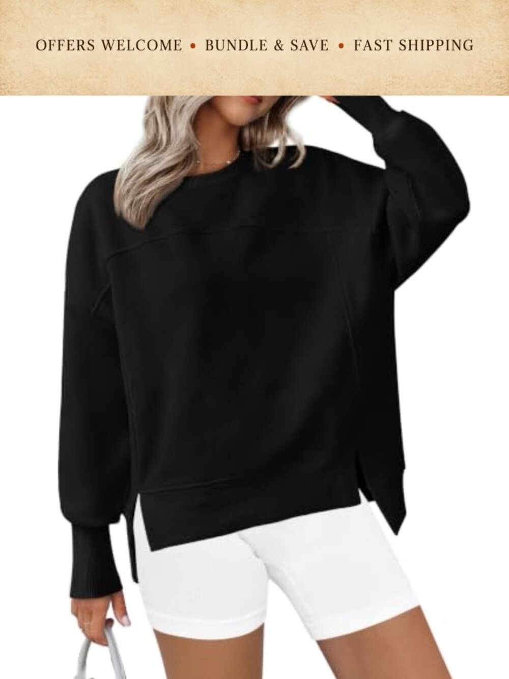 Womens Crewneck Sweatshirt Long Sleeve Side Slit Asymmetrical Hem Pullover